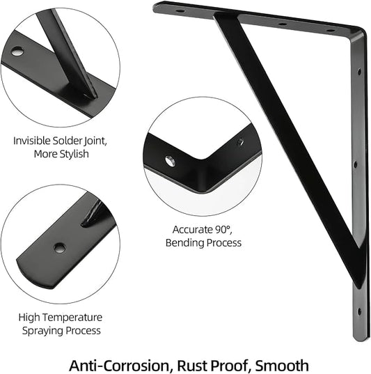 12"x 8" Heavy Duty Shelf Brackets, Load Capacity: 600 lb, 90 Degree Black Metal Supports for Shelves 2-Pack, Wall Mounted L Bracket for Floating Shelving with Screws, HOME MASTER HARDWARE