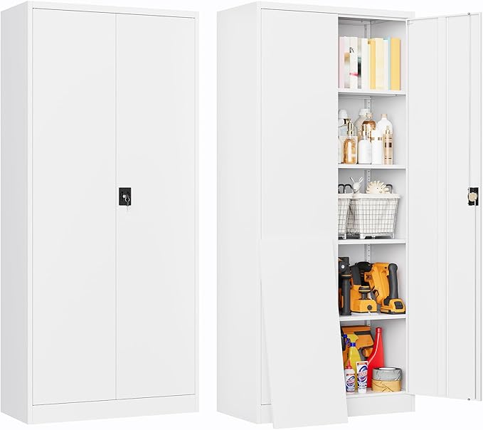 Metal Cabinet,71" Lockable Storage Cabinet with 2 Doors and 5 Adjustable Shelves,Tall Steel Cabinets for Garage,Home Office,Basement,School,Hospital(White)