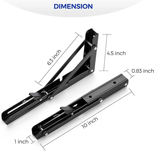 Ravinte 2 Pack 10 Inch Folding Shelf Brackets – Matte Black, Heavy Duty Collapsible Brackets for Tables and Benches – Space-Saving Design