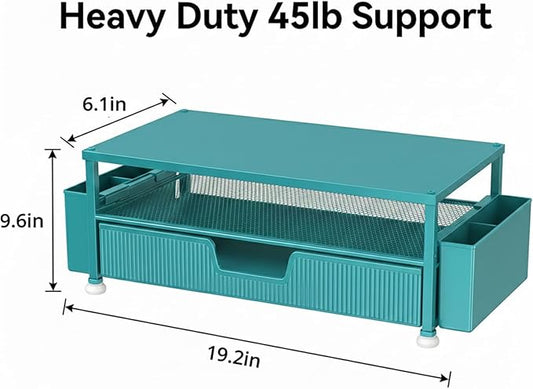 Desk Organizer and Accessories, 2-Tier Computer Monitor Stand Rise with Storage Drawer & 2 Pen Holders, Laptop & Printer Stand for Desktop, Workspace Organizers for Office Supplies (Blue)