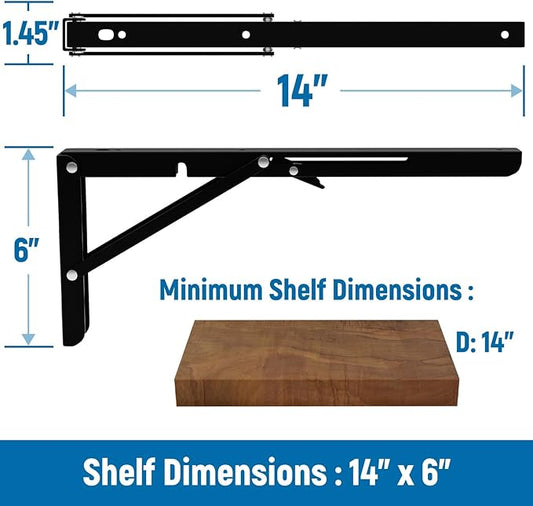 LEOPO 14 inch Folding Shelf Brackets, Heavy Duty Wall Mounted Shelf Bracket, 2 Pack, Black