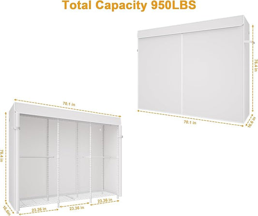 E14C Pro Heavy Duty Closet Organizer System,Freestanding Clothing Racks for Hanging Clothes,Adjustable Garment Rack 70.1"W × 16.6"D × 76.4"H Hold 960 lbs,White Rack with White Dustproof Cover