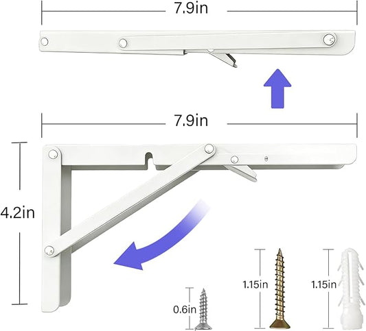 Folding Shelf Brackets 8 in,Collapsible Wall Mounted Mounted Shelf Brackets 8 10 12 14 16 18 20in for Bendable Table,Space Saving (4 Pcs, White)