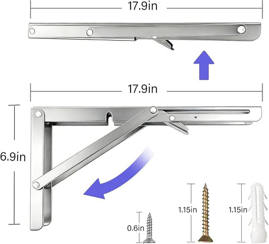 Heavy Duty 18 Inch Folding Shelf Brackets, 2-Pack Collapsible Wall Mounted Brackets, Stainless Steel Fold Down Support for Laundry Room, Kitchen, Closet - Space Saving Hardware