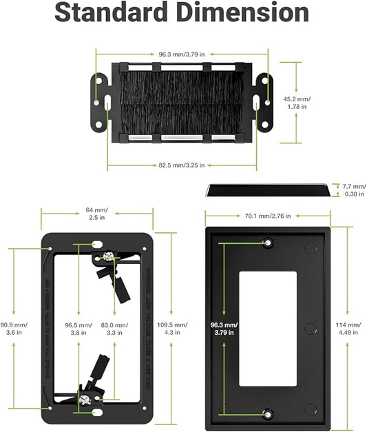 Brush Wall Plate with Mounting Bracket, 4 Pack Cable Pass Through Decorator Cover for Low Voltage Wires, Single Gang Cord Hider for TV Home Theater System, Black