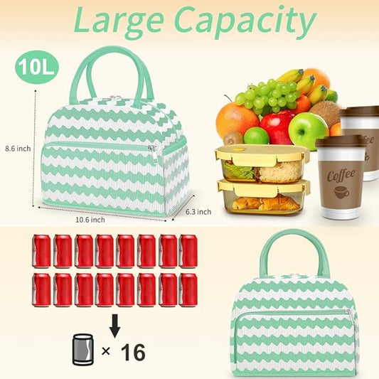 Coobiiya Lunch Bag for Women Men, Cute Lunch Tote Bags Insulated Reusable LunchBox Large Capacity Cooler Bag for Work Travel Picnic Green white