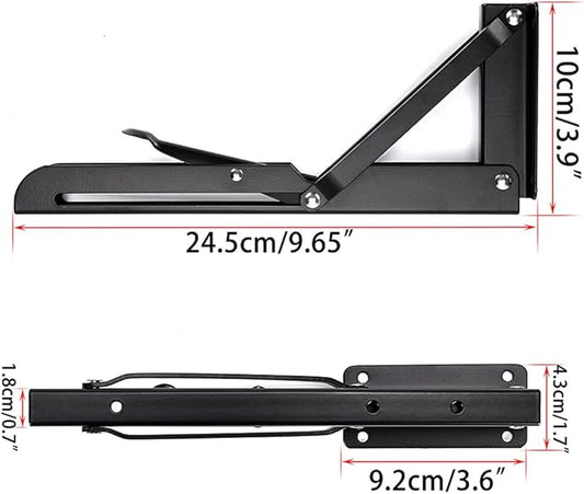 Sumnacon Sturdy Folding Shelf Brackets - Heavy Duty Metal Triangle Table Bench Folding Shelf Bracket 10 Inch, 2 Pcs Folding Shelf Hinge Wall Mounted, Max Load 132lb (Black)