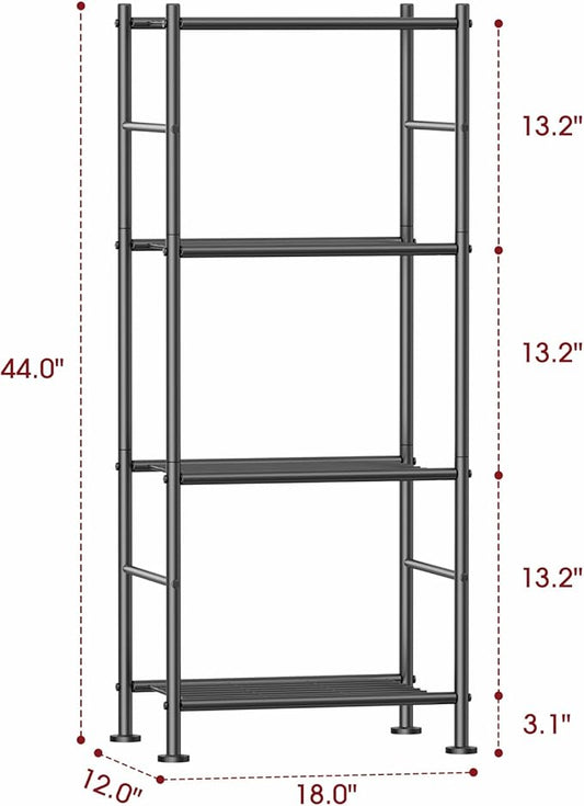 Storage Shelves - 4 Tier Shelf Organizer, Sturdy Metal Garage Shelving with Adjustable Leveling Feet, Space-Saving Shelves Organizer for Pantry, Laundry, Kitchen (18" x 12" x 44", Black)