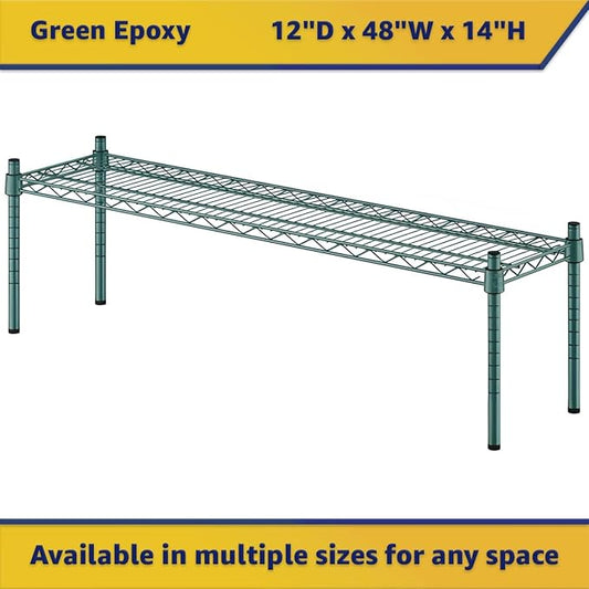 12" x 48" x 14" Green Epoxy Wire Storage Shelf, Dunnage Rack, Commercial 1 Tier Small Shelf