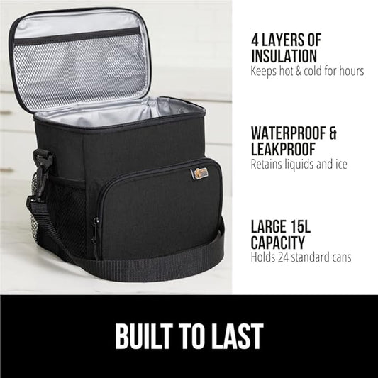 GORILLA GRIP Insulated Lunch Box Bag for Women Men,15L, Leakproof XL Reusable Soft Cooler Bags, Multiple Compartments, Mesh Pockets and Adjustable Strap, Food Tote Keeps Drinks Cold, 13x9, Black