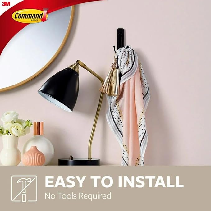 Command Large Wall Hooks, Damage Free Hanging Wall Hooks with Adhesive Strips, No Tools Double Wall Hooks for Hanging Decorations in Living Spaces, 1 Black Colored Hook and 1 Strip