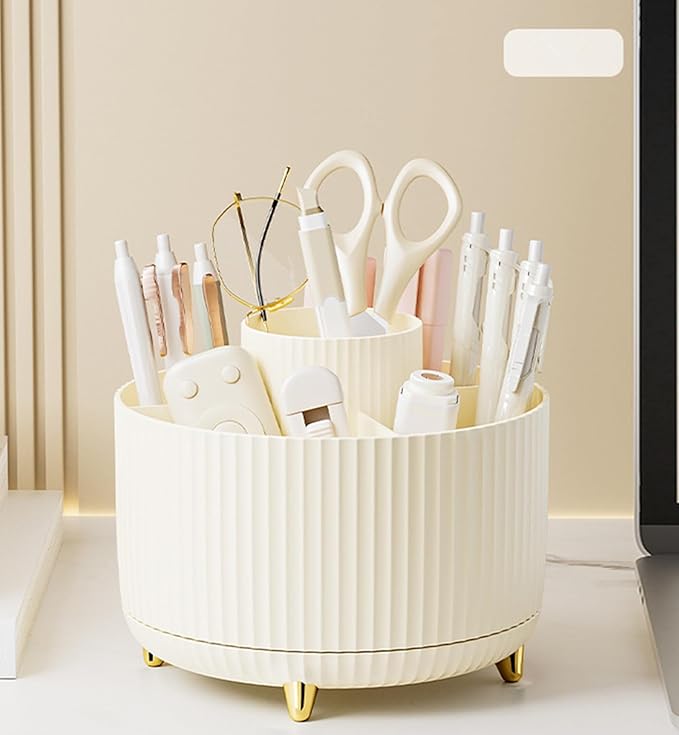 360 Degree Rotating Makeup Brush Holder Organizer Detachable Design 5 Slot Make up Brushes Cup for Cosmetics and Pencil Pen Organizer for Desk Makeup Organizer Skincare Storage for Vanity(Cream)