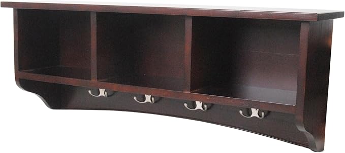 Shaker Cottage Wall-Mounted Coat Rack with 3 Storage Cubbies and 4 Hooks – Space-Saving Storage Rack and Wall Shelf Organizer for Entryway, Hallway, or Mudroom by Alaterre Furniture (Espresso Finish)