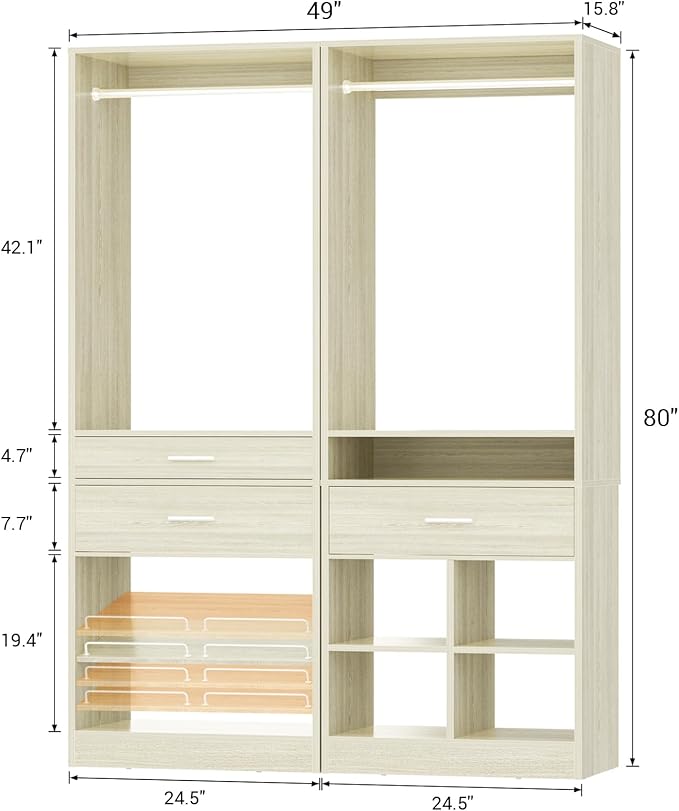 Unikito 50" W x 80'' H Closet Organizer Storage System with 2 Hanging Rod and 2 Wooden Drawers, Adjustable Shoes Rack, 4 Cubby Storage, Walk-in Closet Tower for Bedroom, Mudroom, Entryway, White Oak