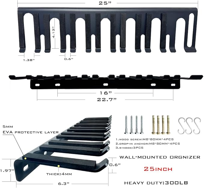 25" Wall Mount Barbell Holder & Tool Organizer, 7L7S Slots Heavy Duty Storage Rack, 300LBS Load 4MM Steel 5MM EVA for Garage Home Gym.