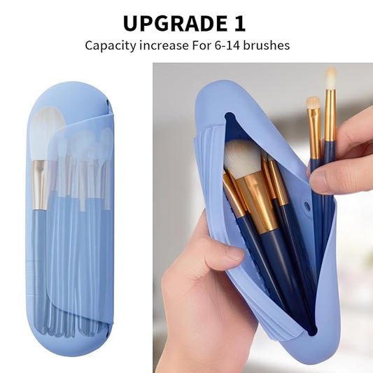 2 IN 1 Silicone Makeup Brush Holder with Beauty Make Up Sponge Holder Case:Soft Portable Cosmetic Face Brushes Holder with Upgrade Anti-Fall Out Magnetic Closure - Blue
