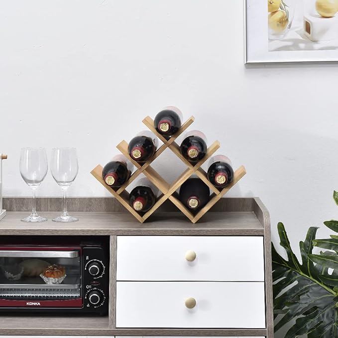KIRIGEN Wooden 8-Bottle Wine Rack - 3-Tier Wood Wine Display Rack/Standing and Countertop Wine Storage Shelf - Bottle Holder/Cabinet Glass Rack Natural XHJJ3-NA