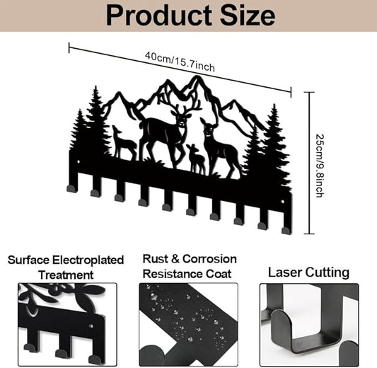 MAYJOYDIY Metal Forest Deer Coat Hook Wall Mount Mountain Tree Deer Family Coat Rack 15.7×9.8inch 10 Hooks Nature Scenery Animal Key Holder for Wall Art Decor Gift Key Hooks for Coats Hats Towels Bags