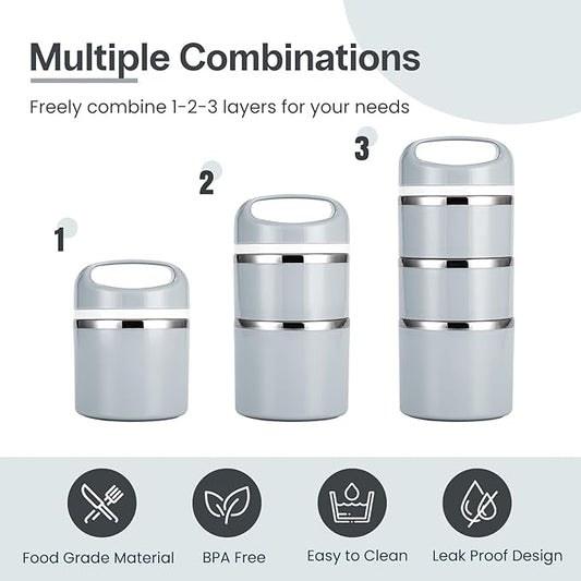 Lille Home Stackable Stainless Steel Lunch Containers, 43OZ Capacity 3 Layers Leakproof Bento Box for Adult, Portable Lunch Box for Women, Man, Travel, Office with Lunch Bag (Gray.Pro)