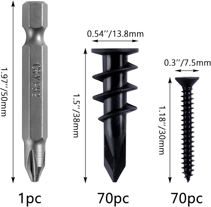 KURUI 140PCs Black Self Drilling Drywall Anchors, #8 Dry Wall Anchors and Flat Head Screws Kit, 70 Anchors + 70 Screws, 75LB Heavy Duty Hanging for Picture Frames Wall Decor Art, Sheetrock Hangers