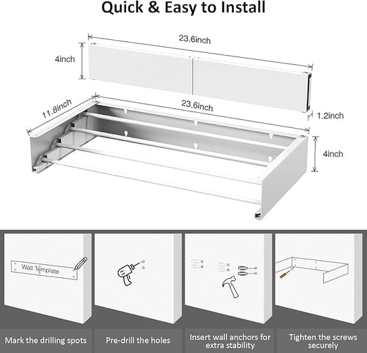 Laundry Drying Rack, Collapsible Wall Mounted Clothes Drying Rack - Drying Rack Clothing Foldable,Space Saving, 32" Wide, 13.2 Linear Ft, 5 Aluminum Rods, 60 lb Capacity (White, 32")