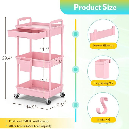 Makeup Cart Organizer with Drawers, Floor Skincare Organizers Vanity Storage Organizer, Rolling Makeup Bathroom Storage Cart Cosmetics Display Cases for Skin Care Perfume Nail Polish, Pink