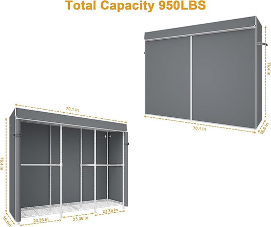 E14C Pro Heavy Duty Closet Organizer System,Freestanding Clothing Racks for Hanging Clothes,Adjustable Garment Rack 70.1"W × 16.6"D × 76.4"H Hold 960 lbs,White Rack with Grey Dustproof Cover