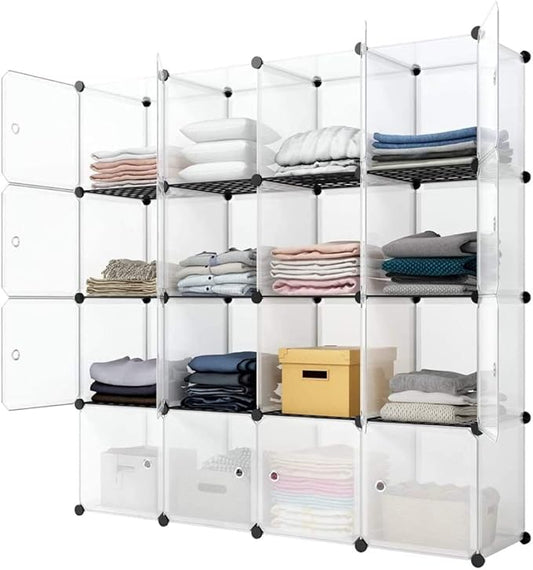 Aeitc Cube Storage Organizer Storage Cubes Add Wire Panel DIY Stackable Cubes Plastic Organizing Modular Cabinet Bookcase Cubby Closet Shelf for Bedroom, Living Room,16 White Cube with Door