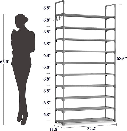 Kitsure Shoe Rack for Closet - 10-Tier Shoe Organizer with Hook Rack, Large-Capacity & Space-Saving Shoe Shelf for Entryway, Bedroom, Living Room,32.2" x 11.8" x 68.5", Gray