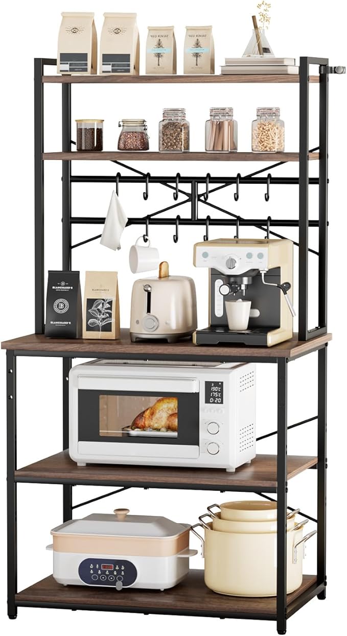 VEVOR Bakers Rack, 31.5 inch Width Microwave Stand,Kitchen Stand with X-Shaped Support Bar & 12 S-Shaped Hooks,Kitchen Storage Shelf for Dish Storage, Spice Jars, Coffee Bar Organization