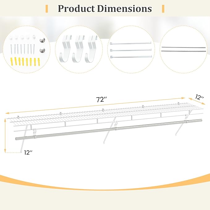 Giantex Closet Shelf with Hanging Rod, 6 ft Wall Mounted Wire Shelving Kit with Storage Shelf & Clothes Rod, Ventilated Metal Wall Shelf Organizer for Laundry Room, Closet, Bedroom, White