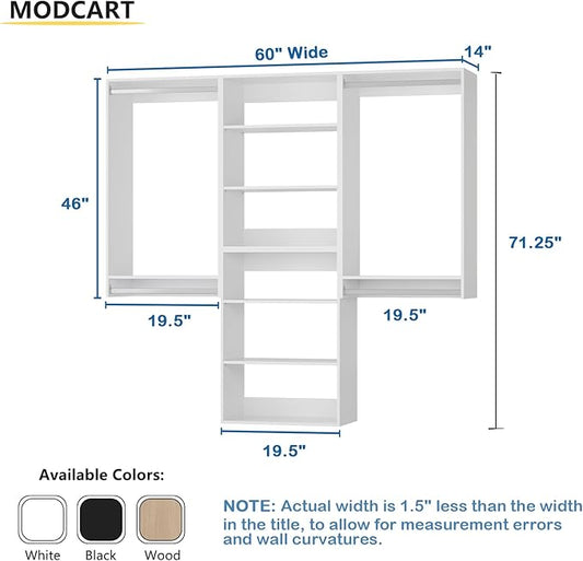 Modular Closet System, 60" Wide Closet Organizer System with Hanging and Towers, Wood Tower Closet Storage for Walk In Closets, Wall Mounted Wardrobe Organizer Kit System, Bedroom, White