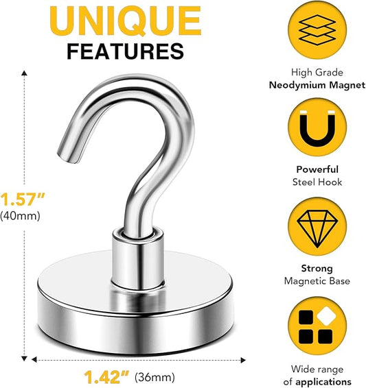 DIYMAG Strong Neodymium Magnetic Hooks, 170 Lbs Heavy Duty Rare Earth Magnets with Hook, Strong Corrosion Protection Facilitate Hook 12 Packs