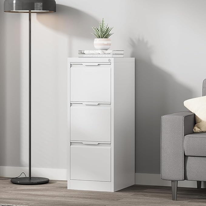 3 Drawer File Cabinet with Lock, White Vertical Filing Cabinets for Home Office, Locking Metal File Cabinet for Letter/Legal/A4/F4 Size, Assemble Required