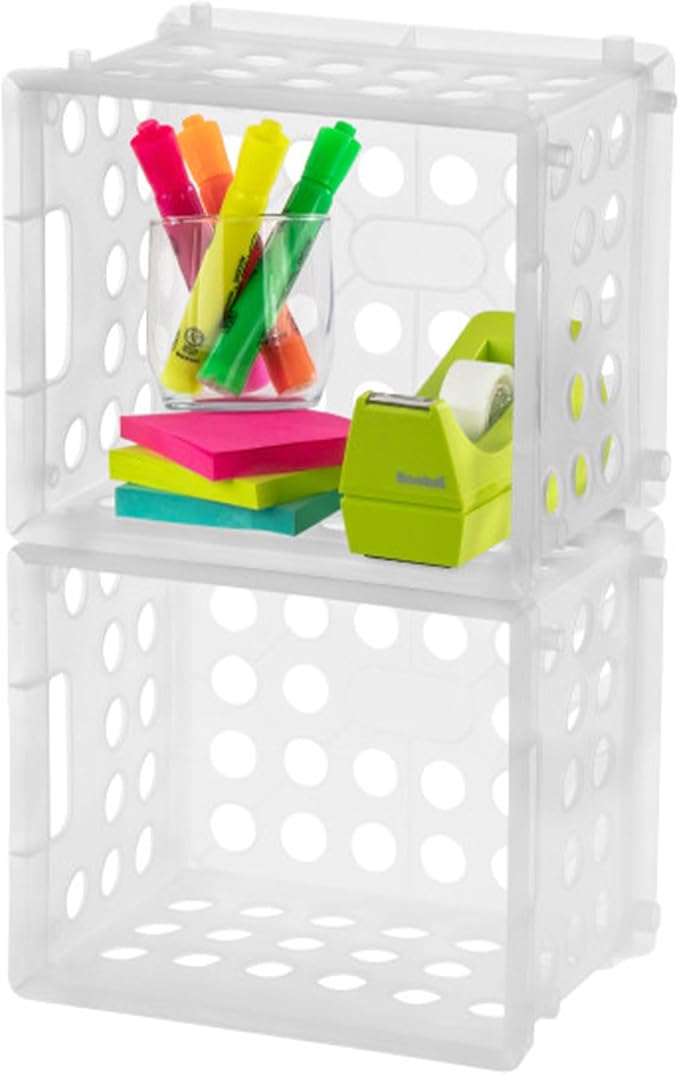 Sterilite Mini Crate, Stackable Plastic Storage Bin with Handles, Organize Home, Garage, Office, School, Dorm Room, Clear, 12-Pack