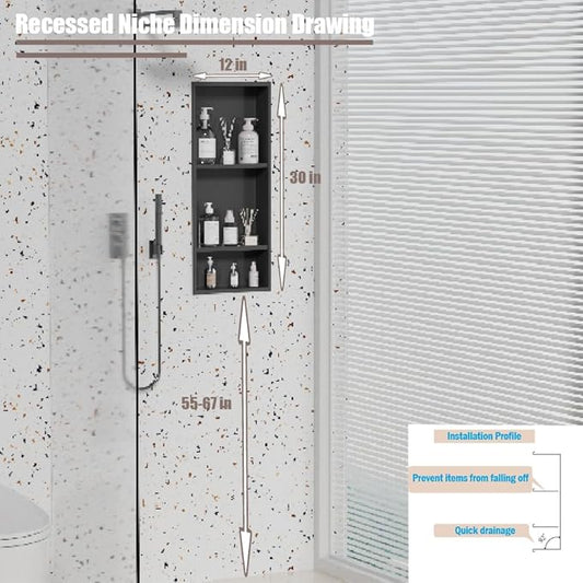 Stainless Steel Niche for Shower Wall,Shower Niche Insert Tile Ready ,Organizer Storage for Room,3-Tier Shelves ,Matte Black (Black,30 * 12 in)