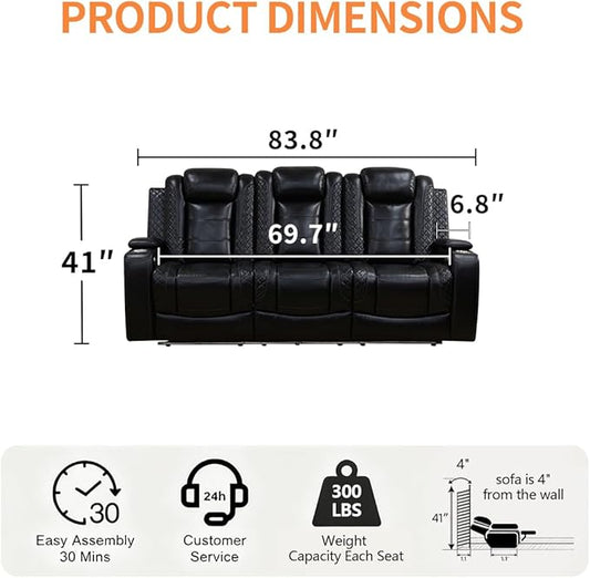 Living Room Furniture Set, Power Reclining Sofa Set, Black Leather 3-Seated Recliner Couch with Drop-Down Table, Recliner Sofa with Storage Console/Cup Holder for Living Room/Apt/Office