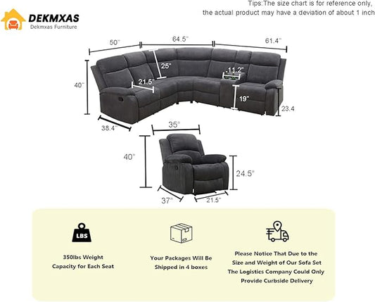 Living Room Furniture Sets, Dark Grey Corduroy Fabric Recliner Sectional Sofa Set with Drop-down Table, Reclining Sofa Couches with 3 Recliner Seats, Cup Holder,Storage Console for Living Room