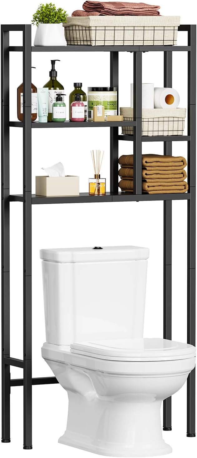 Over The Toilet Storage Rack, 3-Tier Bathroom Organizer Over Toilet, Wooden Above Toilet Storage Shelf, Space Saver, Freestanding Bathroom Storage Metal Shelf, Easy to Assemble, Black
