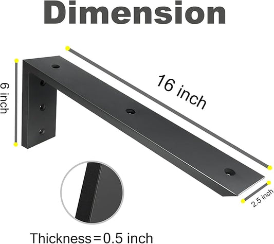 WINKER Countertop Support Bracket 4 Pack Heavy Duty 1/2" Thick Hidden L Shelf Bracket 16" x 6" x 2.5" Metal Corbels for Quartz/Granite/Wood/Concrete/Laminate Countertops, Black