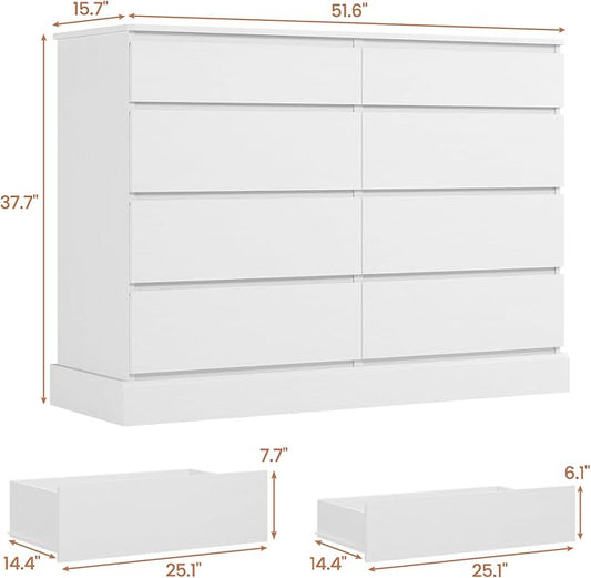 DICTAC 8 Drawers Dresser for Bedroom, White Large Chest of Drawers, Long Modern Double Dressers, Big Clothing Storage Organizer Closet with Ample Space, 51.6''L x 15.7''D x 37.7''H