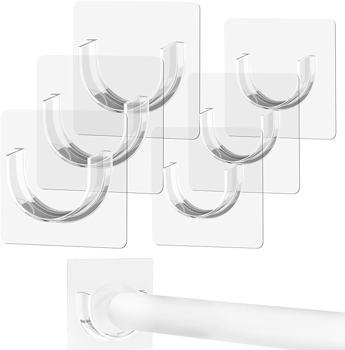 6 Pack Shower Rod Holder with Strong Adhesive, Sleek Shower Curtain Rod Holder for Wall, Clear Tension Curtain Rod Bracket No Drilling(Rod not Included)