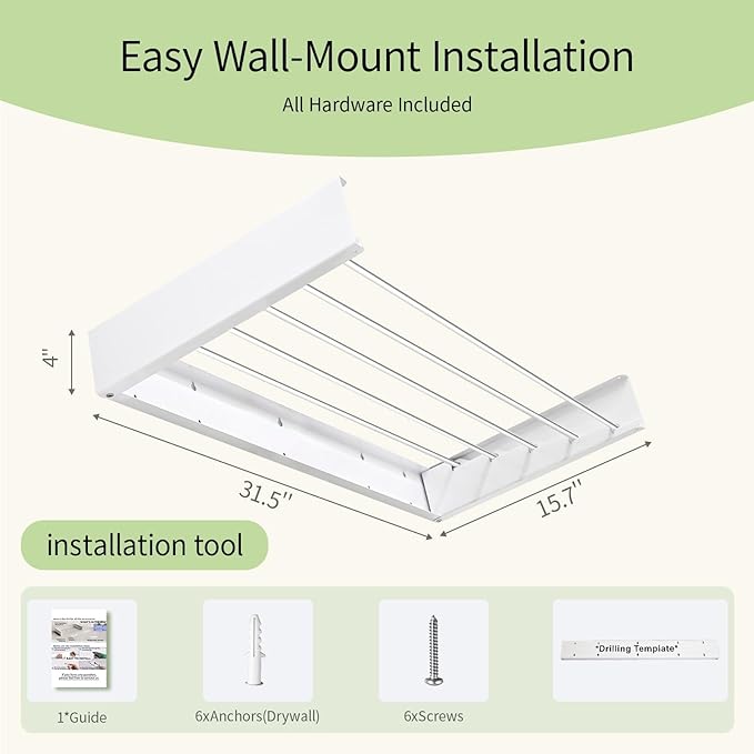Wall Mounted Drying Rack for Laundry 31.5” Retractable Clothes Dryer Racks with 60 lb Capacity, Heavy Duty Clothing Drying Rack Foldable Space-Saving Design for Indoor & Outdoor