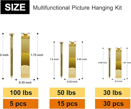 50pcs Picture Hangers with Different Sizes, Heavy Duty 30-100lbs Picture Hanging Hooks with Nails, Wall Hangers,Picture Hooks,Professional Plaster Picture Hanging Kit for Wooden Wall or Drywall