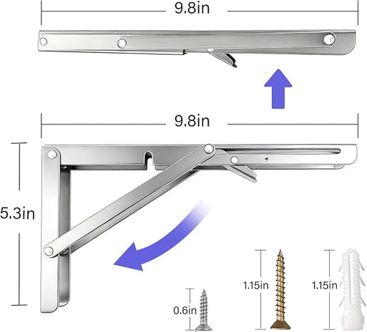 Folding Shelf Brackets 10 Inch, 2 Pcs Stainless Steel Heavy Duty Shelf Brackets, Collapsible Brackets for Foldable Shelf,Wall Mounted Folding Table Brackets Space-Saving