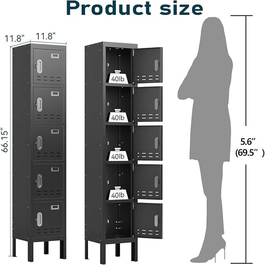 Metal Lockers - 66" Height Steel Lockers for Employees with 5 Door Storage Locker with Card Slot for Employees Gym School Home Office Garage - Assembly Required