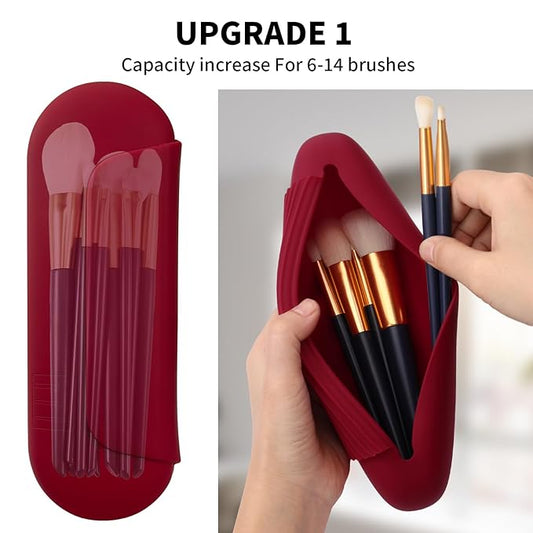 2 IN 1 Silicone Makeup Brush Holder with Beauty Make Up Sponge Holder Case:Soft Portable Cosmetic Face Brushes Holder with Upgrade Anti-Fall Out Magnetic Closure - Red