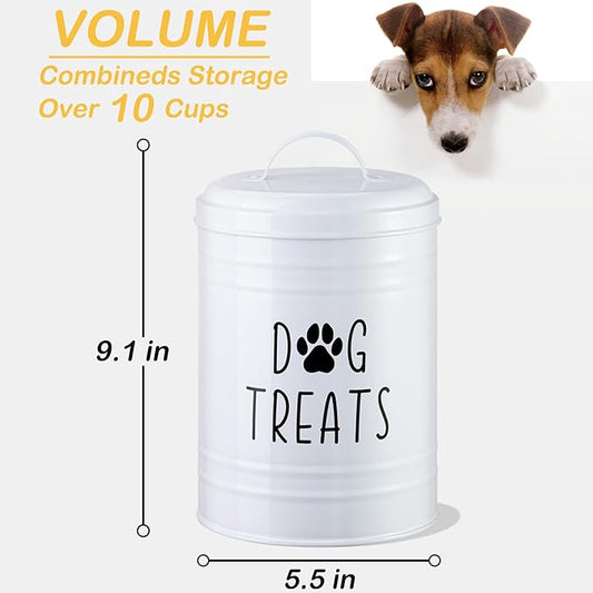 Dog Treat Container Airtight, Dog Treat Jar with Lid - 9x5.5'' Metal Dog Cookie Jar for Farmhouse Kitchen Counter, White Pet Treat Container, Dog Treat Storage Container for Dogs, Cats