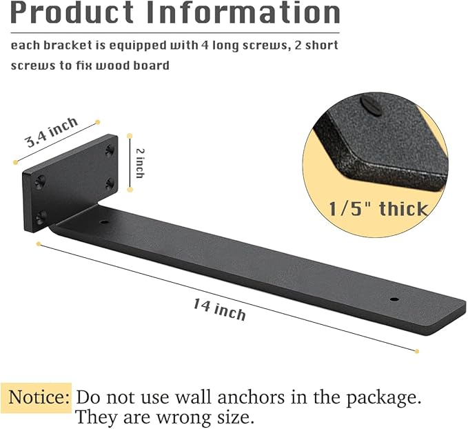 6 Pack Shelf Brackets 14 Inch Floating Shelf Bracket 1/5 inch Thick Heavy Duty Hidden Shelf Brackets Iron Metal Brackets for Shelf Support with Screw Included