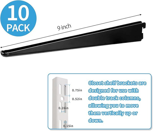 10 Pack 9‑Inch Adjustable Wire Shelf Brackets – Heavy‑Duty Double‑Track Closet & Wall Shelving System Supports(Black)